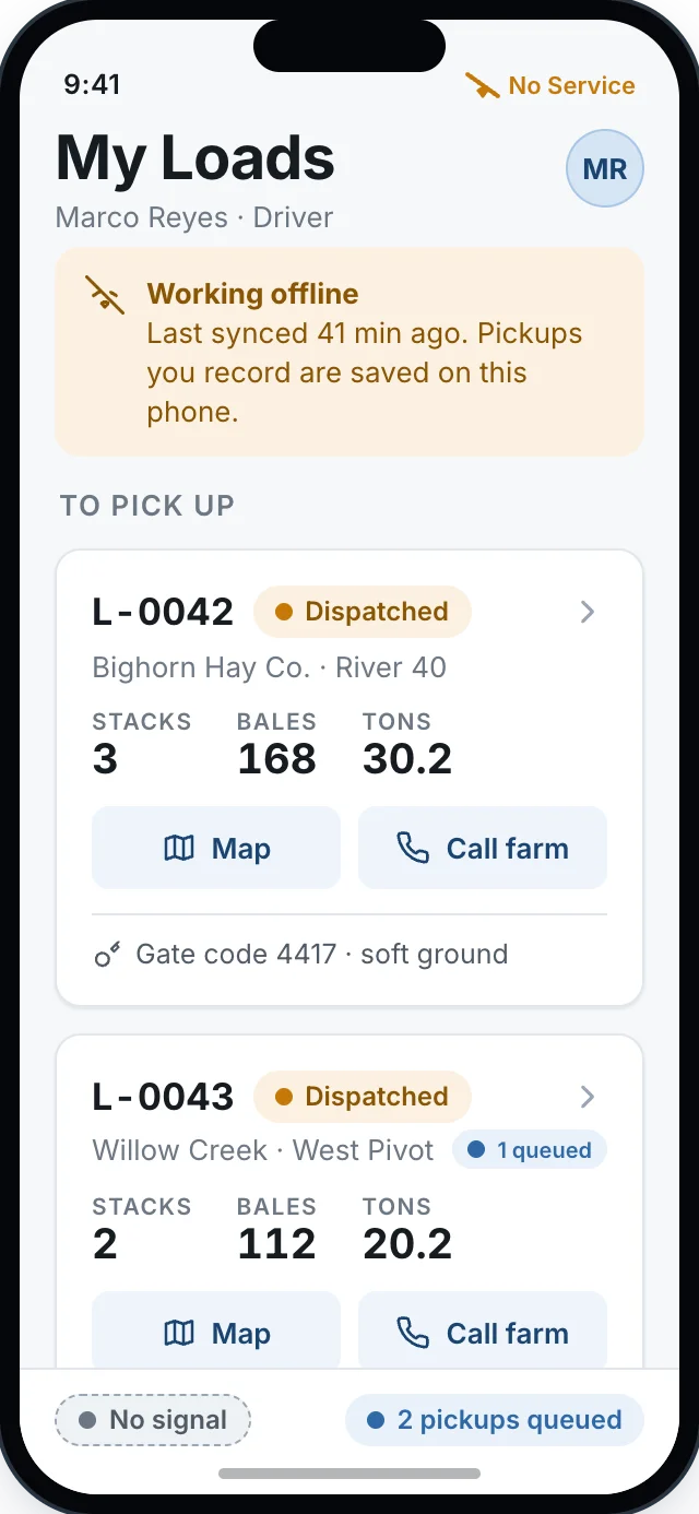 Buyer driver app: dispatched loads with stacks, bales, tons, map and call-farm actions