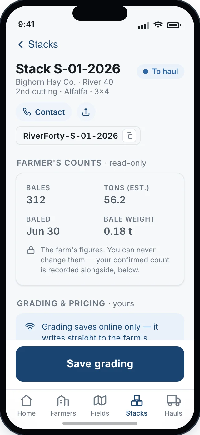 Buyer stack detail: farm figures read-only on top, buyer grade chips, RFV, moisture, price per ton with computed per-bale equivalent