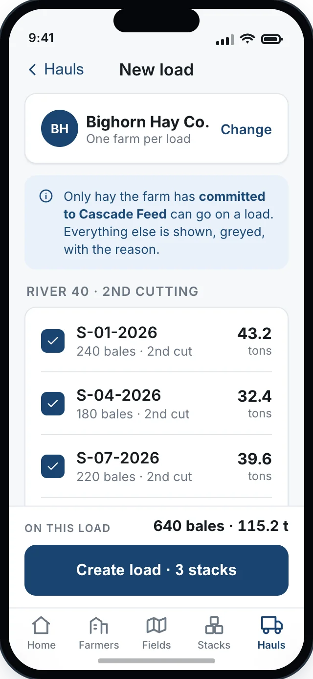 Load builder: assigned stacks selectable with steppers, uncommitted stacks visible but locked