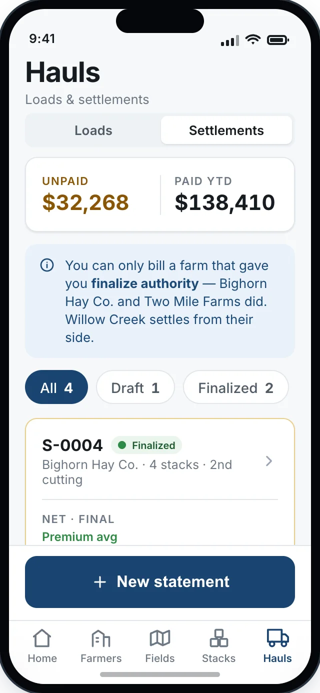Buyer settlements: unpaid and paid-YTD totals, draft and finalized statements by farm