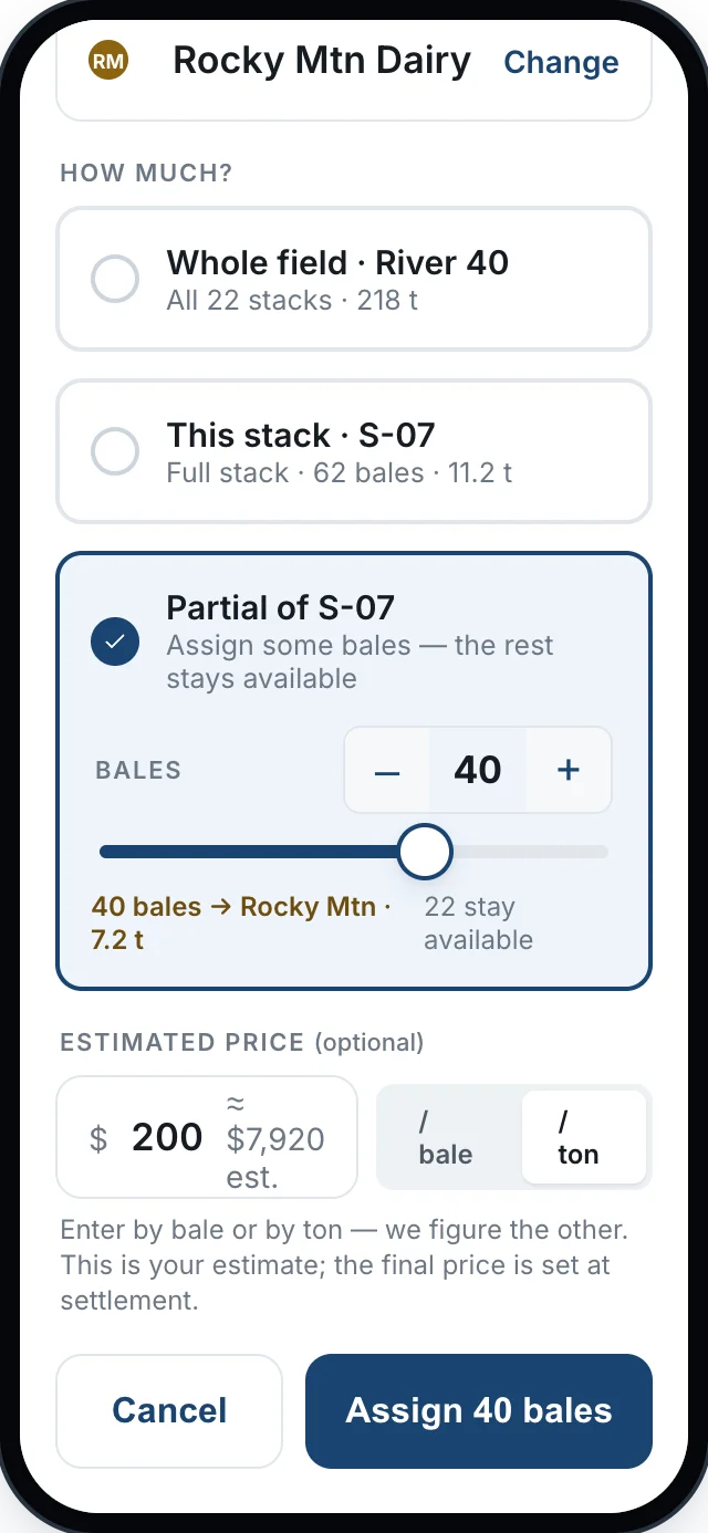 Assign buyer sheet: whole field, single stack, or partial split with live remainder