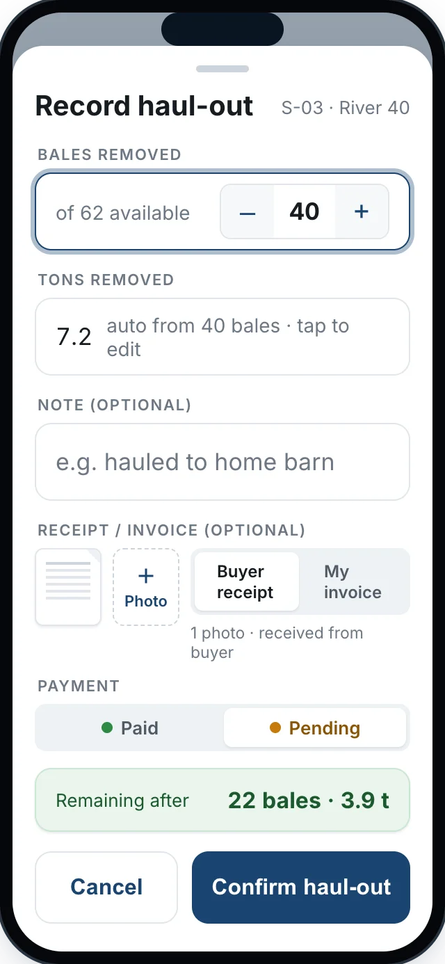 Record haul-out sheet: bale count, pickup vs delivered toggle, buyer pre-filled, receipt photo