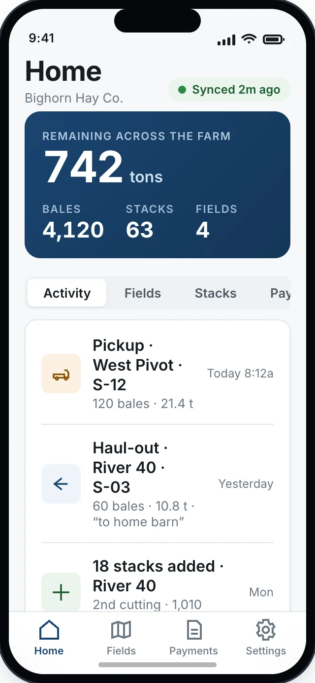 Windrow farmer home: season totals with activity feed, fields, stacks and payments panes