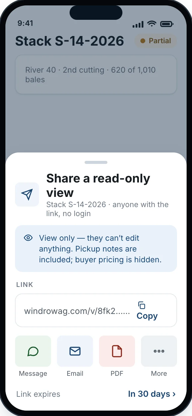 Read-only share link view of a field's stacks with pricing hidden